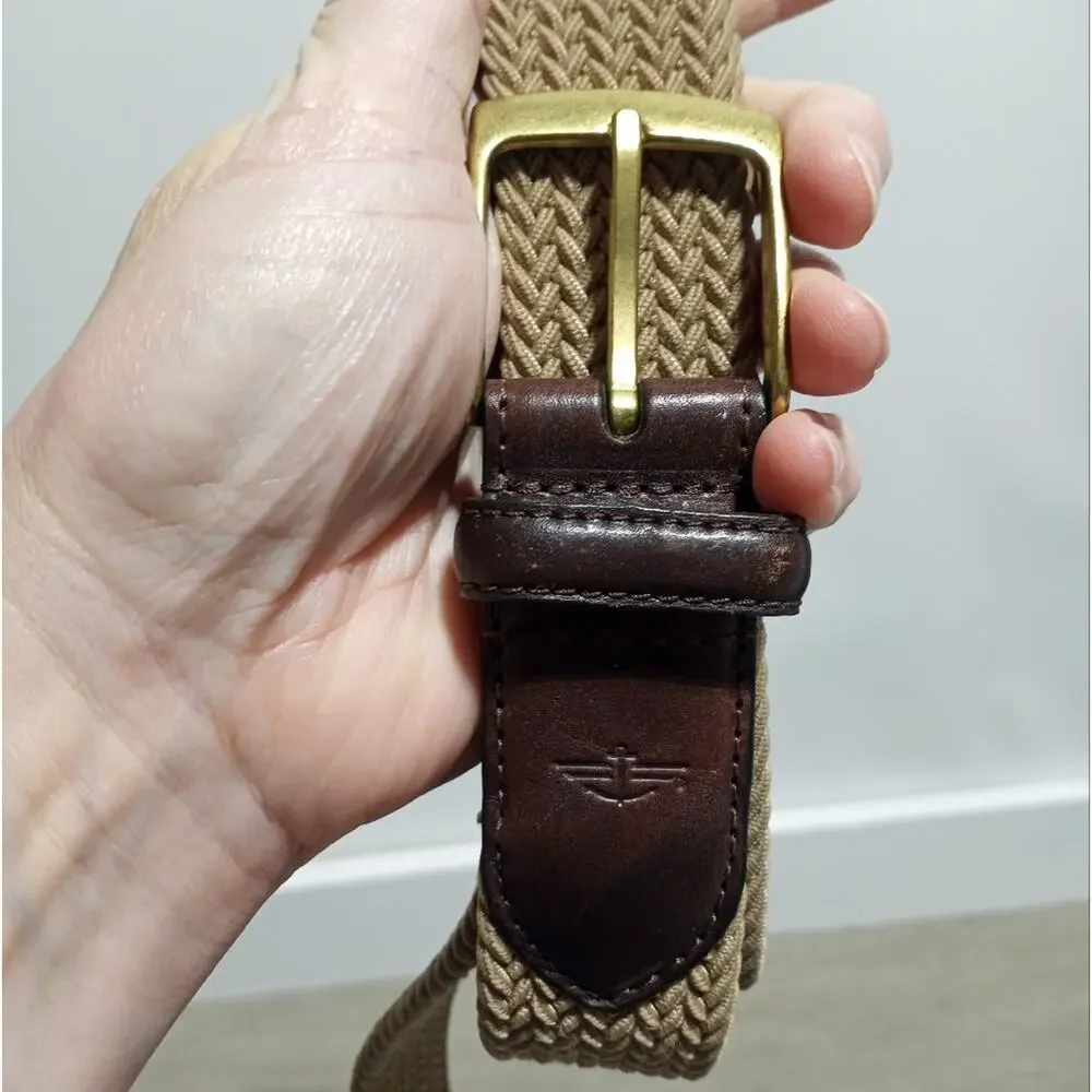 Docker's Men's Stretch Fabric Braided Belt Tan And Brown With Gold Buckle 42/105